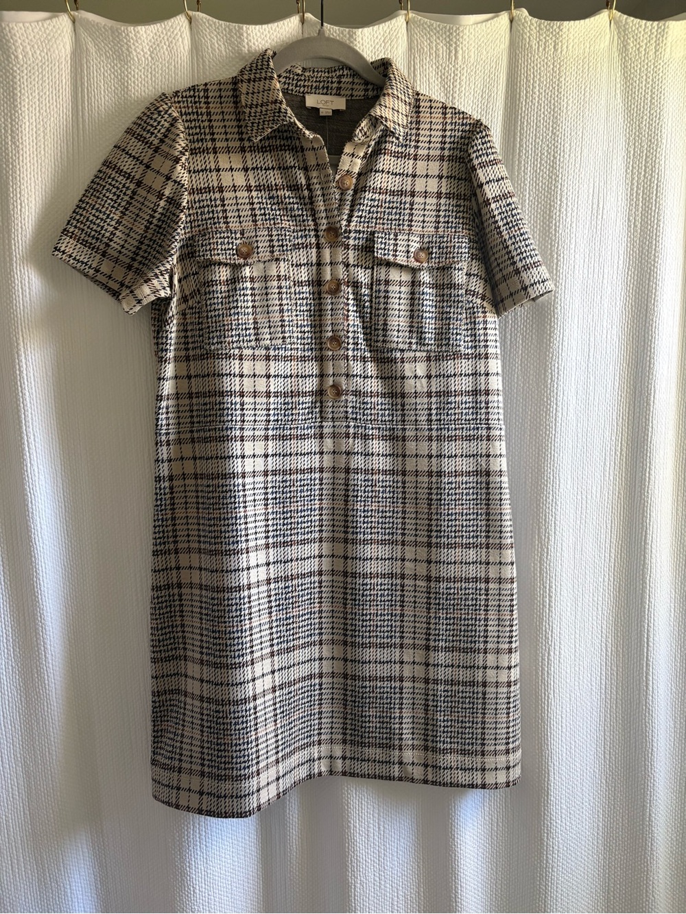 LOFT shift dress in taupe, black, camel and navy plaid